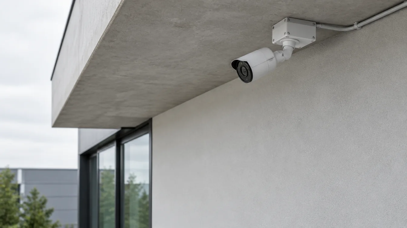 Illustration d'une caméra de surveillance fixée sous l'avancée d'un bâtiment, câble protégé sous conduit